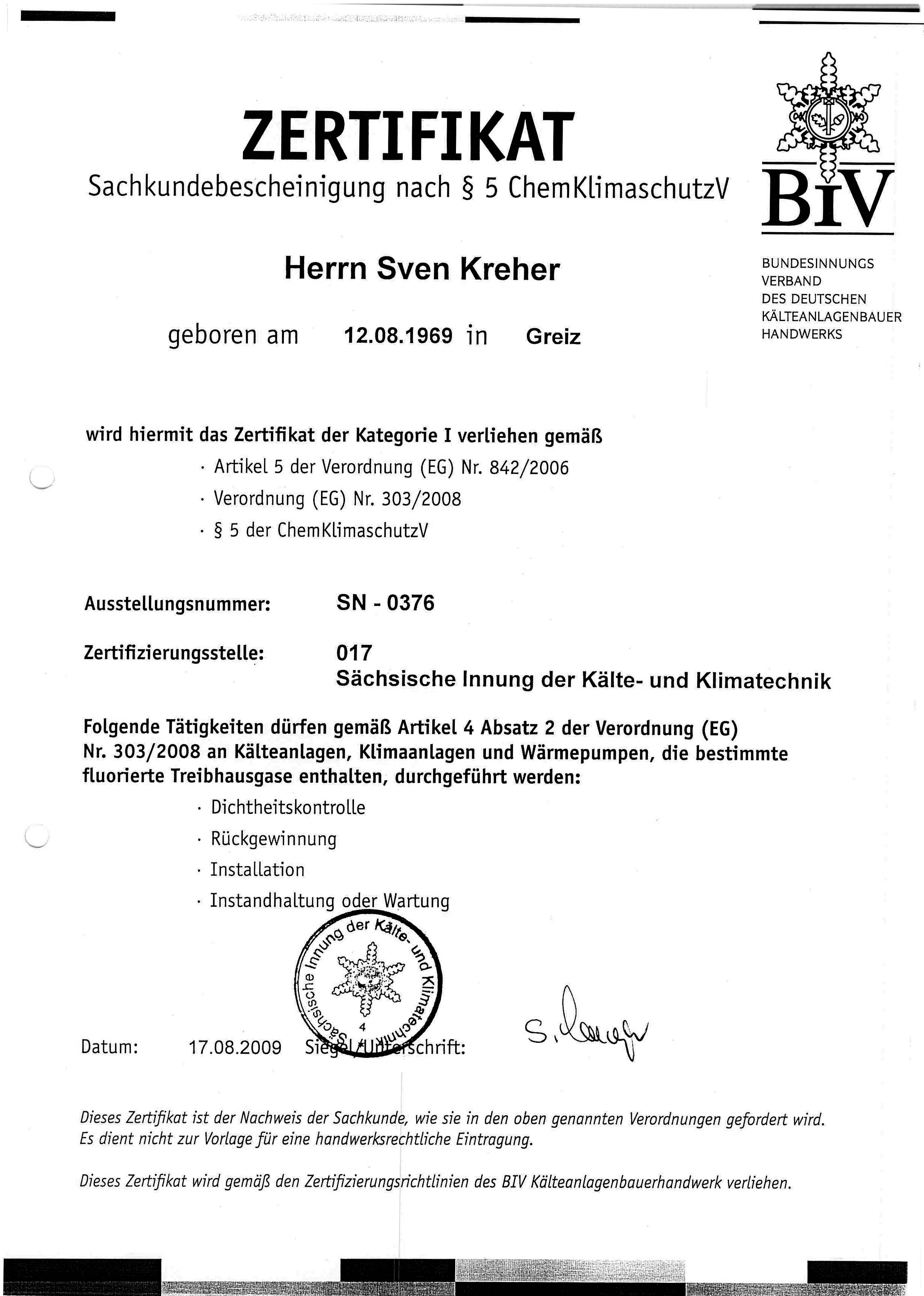 Sachkundebescheinigung nach § 5-ChemklimaschutzV Sven Kreher